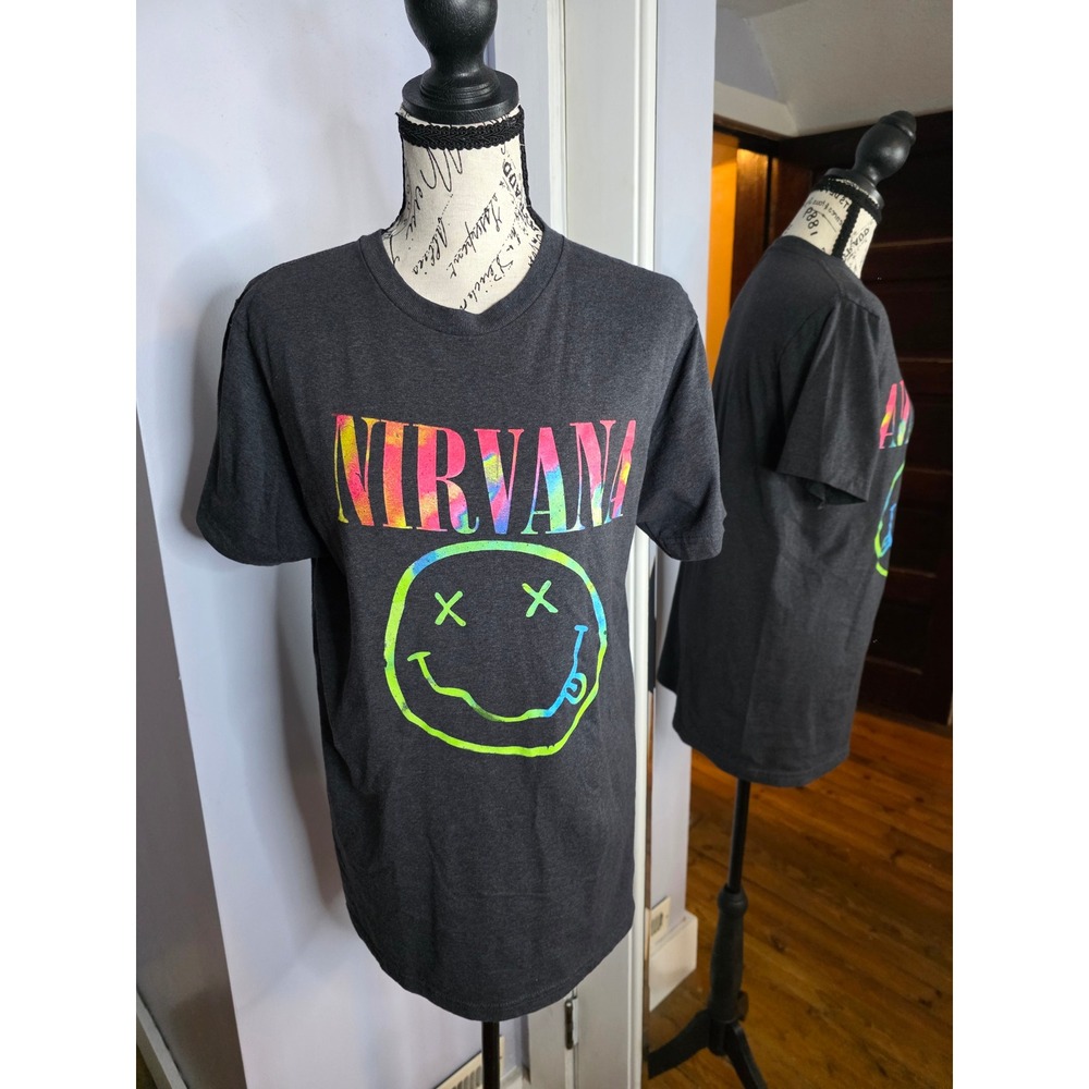 Nirvana Smiley Face Graphic Tee Shirt Charcoal Grey Tie Dye Logo Mens Large L